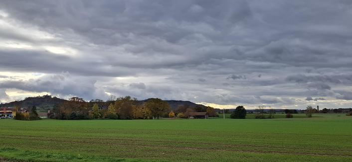 A panoramic photo of a plain with a hill range marking the horizon. A field with winter barley in the foreground, vivid clouds.