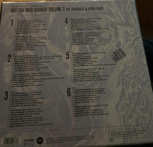 Back cover of a music album featuring a tracklist for "British Mod Sounds Volume 2" with multiple side sections and song titles.
