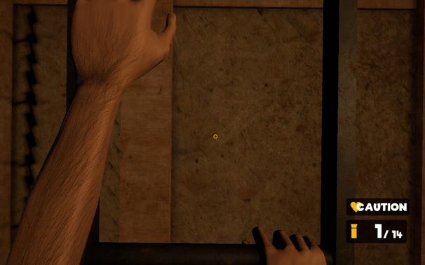 The player character climbs a ladder. His arms are skinny and covered in dark hair.