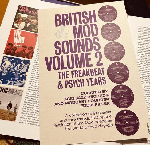Flyer titled "British Mod Sounds Volume 2" with information about a collection of classic tracks curated by Eddie Piller.