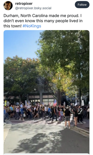 Screenshot of social media post for “No Kings 2.0” from Durham, North Carolina.