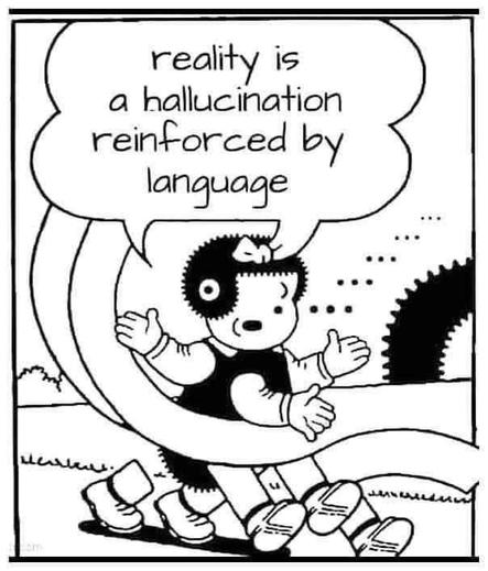 A cartoon done in the style of Ernie Bushmiller's NANCY, where Nancy is a mass of arms, legs and eyes in odd places. She is walking in a surreal landscape of tubes, lines and dots. She says "reality is a hallucination reinforced by language". The quote riffs off from the quote "What we call reality is in fact nothing more than a culturally sanctioned and linguistically reinforced hallucination." -- Terence McKenna. A man who used a lot of language to explain hallucinations.