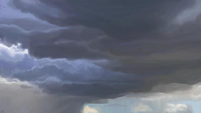 Digital painting of a stormy sky: large, dark clouds looming and raining in thick curtains upon a small, pale blue corner of the sky.