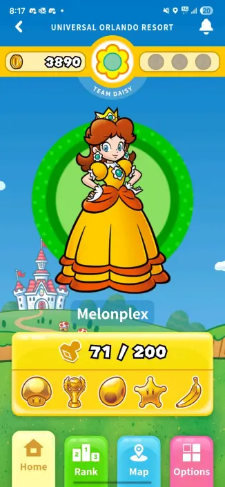 A screenshot of the Nintendo section of the Universal Orlando mobile app. It shows information for a user named Melonplex who has 3890 coins, 71 out of 200 stamps, and is on Team Daisy. It also shows that they have the golden stamps for Super Mario Land, Mario Kart, Yoshi's Adventure, Super Nintendo World, and Donkey Kong Country.