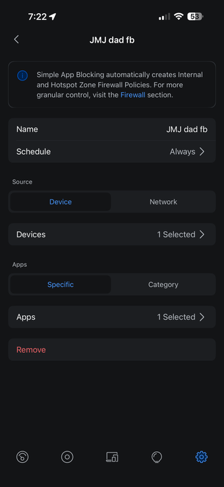 Screenshot showing a rule to block Facebook on her dad’s device