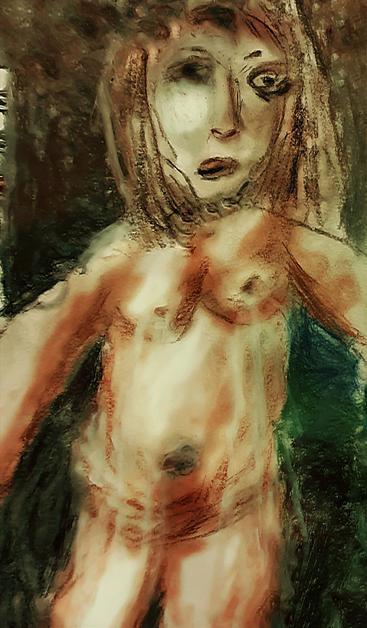 Drawing of a person who is naked with water coming out of the breast with a dark background