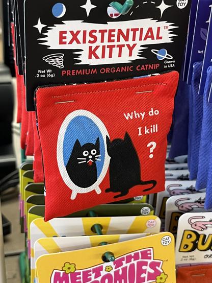 a cartoon of a cat looking at itself in a mirror, the title is "Existential Kitty" and the caption is "Why do I kill?"