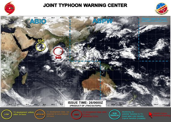 ABPW10 PGTW 260600
MSGID/GENADMIN/JOINT TYPHOON WRNCEN PEARL HARBOR HI//
SUBJ/SIGNIFICANT TROPICAL WEATHER ADVISORY FOR THE WESTERN AND SOUTH 
PACIFIC OCEANS/260600Z-270600ZOCT2025//
RMKS/
1. WESTERN NORTH PACIFIC AREA (180 TO MALAY PENINSULA):
   A. TROPICAL CYCLONE SUMMARY: NONE.
   B. TROPICAL DISTURBANCE SUMMARY: NONE.
   C. SUBTROPICAL SYSTEM SUMMARY: NONE.
2. SOUTH PACIFIC AREA (WEST COAST OF SOUTH AMERICA TO 135 EAST):
   A. TROPICAL CYCLONE SUMMARY: NONE.
   B. TROPICAL DISTURBANCE SUMMARY: NONE.
   C. SUBTROPICAL SYSTEM SUMMARY: NONE.//
NNNN