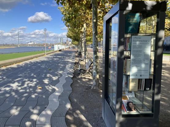 Vue d’une boîte à livres et d’arbres sur la promenade au bord du Rhin à Düsseldorf, sous un ciel bleu parsemé de nuages, 24 octobre 2025.