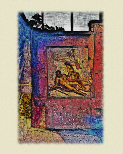 Bearbeitetes Foto eines Freskos in der Casa di Octavius Quartio in Pompeji, das das sterbende Liebespaar Pyramus und Thisbe darstellt ( nach Ovids Metamorphosen).
Edited photograph of a fresco in the Casa di Octavius Quartio in Pompeii, depicting the dying lovers Pyramus and Thisbe (based on Ovid's Metamorphoses).