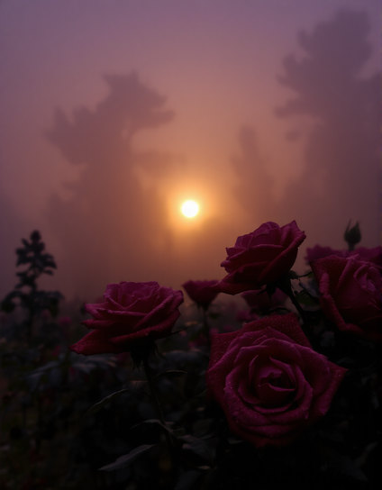The image depicts a misty rose garden just before dawn. It is filled with soft, golden-pink light that casts a warm glow on dark blush-pink roses covered in dew. The background features faded silhouettes of trees shrouded in fog, creating a tranquil and dreamy atmosphere. The scene evokes a sense of contemplation and nostalgia, highlighting the serene beauty of early morning solitude.
Das Bild zeigt einen nebligen Rosengarten kurz vor der Morgendämmerung. Er ist von sanftem, gold-pinkem Licht durchzogen, das einen warmen Glanz auf dunkelpinkfarbenen Rosen wirft, die mit Tau bedeckt sind. Im Hintergrund sind verwischte Silhouetten von Bäumen zu sehen, die im Nebel gehüllt sind und eine ruhige und traumhafte Atmosphäre schaffen. Die Szene weckt ein Gefühl von Nachdenklichkeit und Nostalgie und hebt die serene Schönheit der frühen Morgenstille hervor.