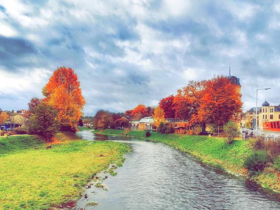 Die Weiße Elster bei Plauen schlängelt sich durch die Landschaft. Links und rechts die Ufer grün. Dahinter herbstlich gefärbte Bäume. Himmel stark bewölkt.