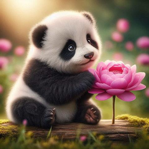 KI Bild. Ein niedlicher Baby-Pandabär sitzt auf einem Baumstumpf, aus dem eine rosa Blume wächst. Er streckt eine Vordertatze nach ihr aus. Der Hintergrund ist verschwommen, aber eins erkennt weitere rosa Blumen und dass die Sonne scheint.