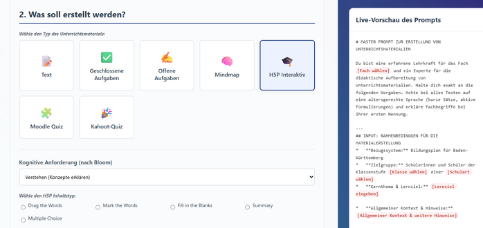 Auswahloptionen im Prompt-Editor