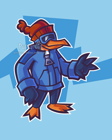 Digital vector artwork of a furry/anthropomorphic emperor penguin character design. He's smiling, standing still. He's wearing winter clothing, a brown-red knit cap hat, blue and black goggles, and a snowboard jacket with various shades of blue. The drawing has cell shading, and halftones as a stylistic choice, along with bold, thick lineart. Behind the character, there's a abstract background.