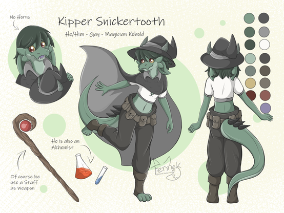 Reference Sheet of the green magician Kobold Kipper Snickertooth. He is wearing a horned witch hat, black Cape, white crop top and long brown pants. His boots are open on the feet. It shows him from Front and behind and a Headshot where you can see that the Horns are only on his hat. In the corner is his staff as weapon and shows reagenz glasses because he is an Alchemist too