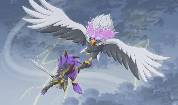 Hisuian Braviary flying in a dark stormy weather and a shiny Zoroark wearing a armor and holding a swords holds on Braviarys claw.