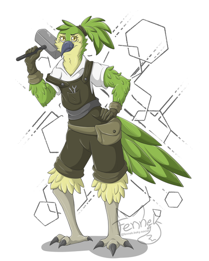 A anthro kea Girl. A kenku with crafter clothes and Tools and a strong appearence.