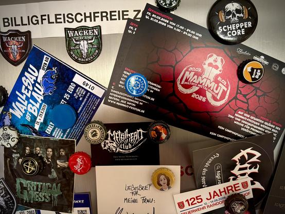 Kühlschschrank mit Käpsele-Magneten, Konzerttickets, Aufklebern und Zeugs.