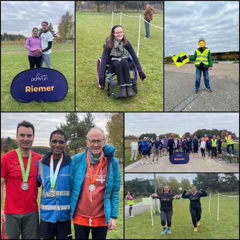 A collage of six photos taken at different times during the 235th parkrun at Riemer Park:

1- A couple stand close together, looking at the camera and forming a heart shape with their hands. The woman is expecting a baby. The blue Riemer parkrun sign is placed on the ground in front of them.

2- A young woman crosses the finish line in a wheelchair, smiling.

3- A little boy, whose face has been hidden with a smiley face, is dressed in a yellow volunteer jacket and is holding a yellow sign with a black arrow pointing to the right in his right hand. 

4- Three men, two in their 30s and the third over 70, pose with medals around their necks. The young man on the right ran a half marathon the previous weekend in Munich, the man in the middle, who is the Run Director of today's parkrun, finished a marathon, and the man on the right ran 10km.

5- At the starting line, a group of runners and walkers pose for a photo while waiting for the race to begin. The sky is overcast, and it is not very warm. 

6- Two female runners cross the finish line, dressed identically in black leggings and black parkrun T-shirts. They point their fingers towards the word parkrun written on their chests. They are smiling broadly.