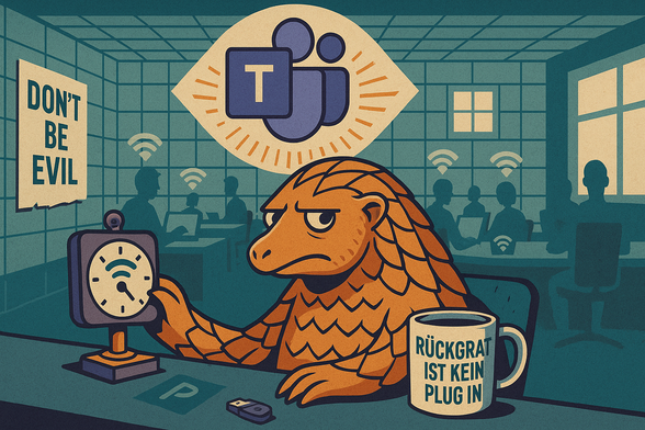 Ein nachdenklich-genervter Pangolin sitzt an einem Schreibtisch in einem Großraumbüro. Über ihm schwebt das Microsoft-Teams-Logo als allsehendes Auge. Hinter ihm sitzen silhouettenhafte Kolleg:innen mit leuchtenden WLAN-Symbolen über den Köpfen. Auf dem Tisch steht eine alte Stechuhr mit WLAN-Symbol, eine Kaffeetasse mit der Aufschrift „Rückgrat ist kein Plugin“ und ein USB-Stick mit Matrix-Logo. An der Wand hängt ein zerknittertes Poster: „Don’t be evil“. Ein ironischer Kommentar auf digitale Überwachung im Büro.