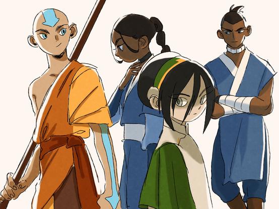 Doodles of some characters from avatar the last airbender. Shown are Aang, a bald monk in orange and yellow clothes with a blue arrow tattoed on his head and arms, holding a staff, Katara, a young dark skinned girl with long brown hair put into a braid whos wearing blue clothers, her brother sokka who is wearing a small ponytail with shaved sides. He also has brown skin and is wearing blue clothes. Toph is also shown, a young girl in beige and green clothes. She has her black hair put in a gao ji hairstyle and shes wearing a green and yellow headband.