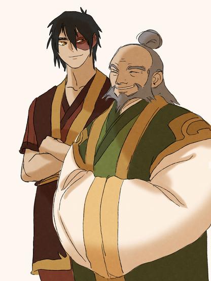 digital doodle showing zuko and iroh from avatar the last airbender. Zuko is a young tall man with messy black hair. Hes wearing red clothes with yellow patterns. Around his left eye he has a burn scar the size of an adult hand.
Next to him is his uncle iroh, an older man with long grey hair and a grey beard. Hes wearing green, beige and yellow robes. Iroh is laughing and Zuko is smiling at him.