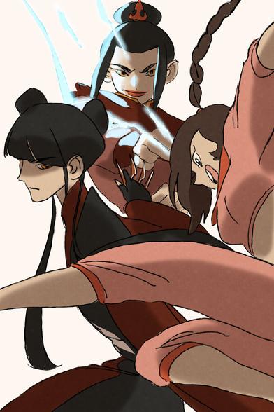 digital doodle page showing azula, mai and ty lee from avatar the last airbender.
Azula is a young girl with black hair put into a top not. She is wearing red clothes and is using her lightning bending.

Mai is a girl with long black hair put into 2 buns and a straight fringe. Shes wearing black and dark red robes and shes holding a bunch of throwing knives in one of her hands.

Ty Lee is an acrobatic girl wearing pink clothes. She has long brown hair put into a long braid.