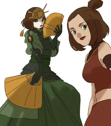 digital doodle page showing suki from avatar the last airbender. 
On the left shes wearing her kyoshi uniform, a samurai inspired fighting uniform. The robes are green and the armor a grey green. She is wearing a golden headpiece, holding golden fans and she is wearing white and red face paint. On the right shes in red fire nation clothes and she is not wearing her make up.