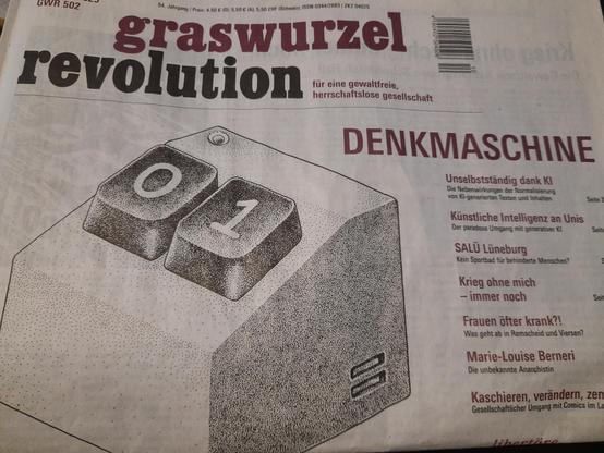 Gradwurzelrevolution 502 (die aktuelle Ausgabe) mit einer Zeichnung einer Blackbox, die nur die Schalter 0 und 1 hat