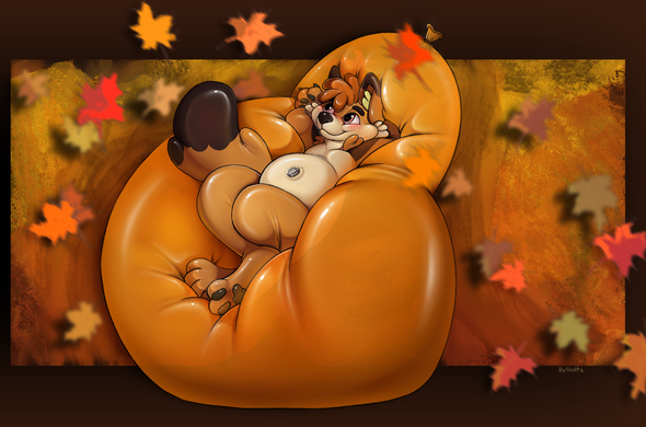 A cozy fall image with leaves falling all around. Kay is lounging on an orange balloon twice his height in length, sinking into the soft material of it, arms and paws behind his head cradling it to watch the leaves fall down with a happy, peaceful expression.