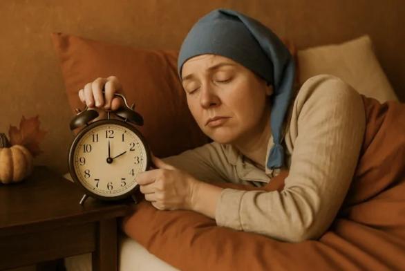 Illustration: Frau im Bett mit Schlafmütze und Wecker. Illustration mit Hilfe von KI erzeugt