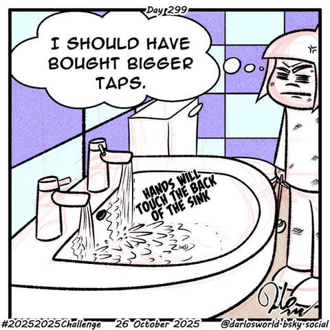 Drawing of Darlo in a bathroom holding a basin wrench, looking a little battered. Bath taps on the sink are on, showing water hitting the back of the sink. The text "Hands will touch the back of the sink" is near the water. "I should have bought bigger taps", thinks Darlo.