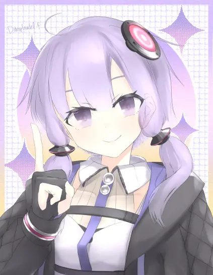 An illustration of Yuzuki Yukari. She is wearing the VOCALOID6 outfit. She is smiling while holding up her right index finger. The background features a purple and orange gradient with visible checkered, diamond, and circular patterns.