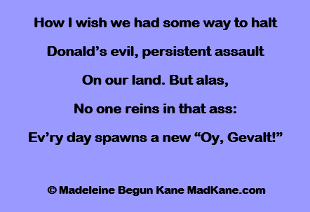How I wish we had some way to halt
Donald’s evil, persistent assault
On our land. But alas,
No one reins in that ass:
Ev’ry day spawns a new “Oy, Gevalt!”

 © Madeleine Begun Kane MadKane.com