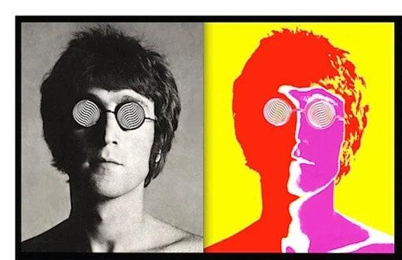 On left, a black and white photo of John Lennon from the neck up. He appears to be shirtless and wears round sunglasses with "infinity" swirls on the lenses. On the right, a color saturated version of the same photo, where Lennon appears red and purple with the same sunglasses