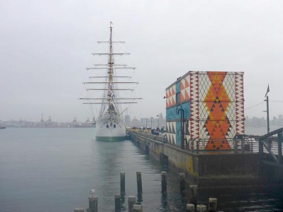 Columbian navy tall ship, view from the front.