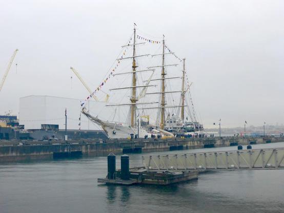 Columbian navy tall ship A.R.C. Gloria docked at the Shipyard Pier.