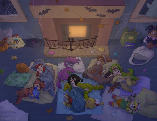 on the floor of a house decorated spooky, a mix of 9 children and cubs are sleeping in front of a fireplace. they’re all dressed in dinosaur theme: a feathered raptor, pterodactyl, spinosaurus, devil dinosaur, reptar, Barney, bj, baby bop, and the egg from Barney’s great adventure.