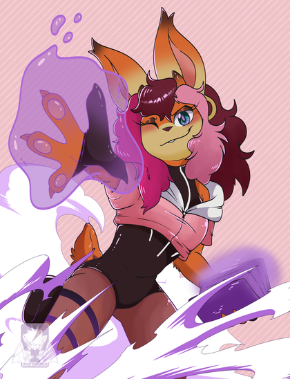 A jackalope girl, on sonic the hedgehog like style, casting a purple spell. She's in an action pose and wink confidently.