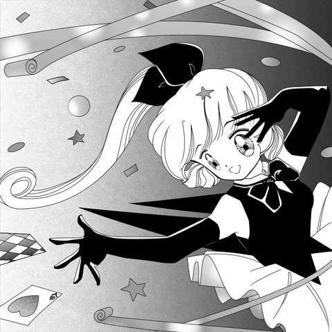 Saint Tail is throwing playing cards with streamers flying behind her. Saint tail wears a performer's outfit - black ribbon, black coattails, long black gloves, and a skirt. Her ponytail flys behind her.