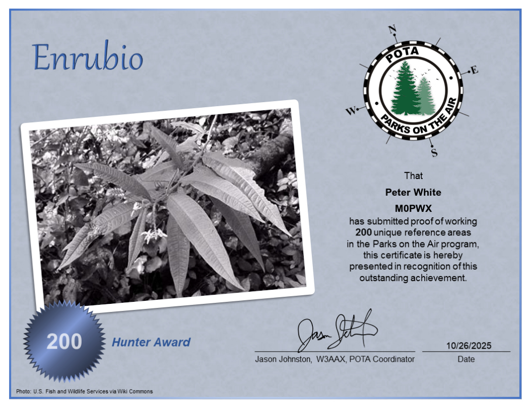 M0PWX 200 park Hunter  award :)