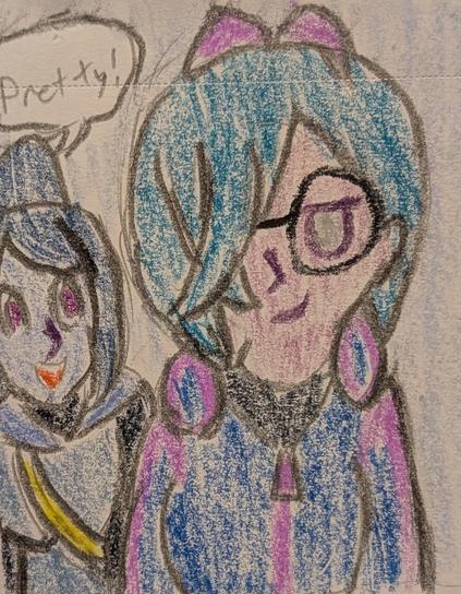 Color pencil drawing of Devi Zeilla, a nonhuman woman OC, dressed up as Dot from Pokemon Horizons. Behind her, Azusa Riyo, a Pantoran woman OC from Star Wars, cosplays as Liko from Pokemon Horizons and calls Devi "Pretty!"