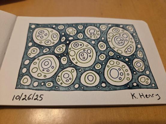 Hand drawn generative/procedural art in ink on an open page of my sketchbook. The abstract pattern is a rectangle filled with nested oval and circular shapes.