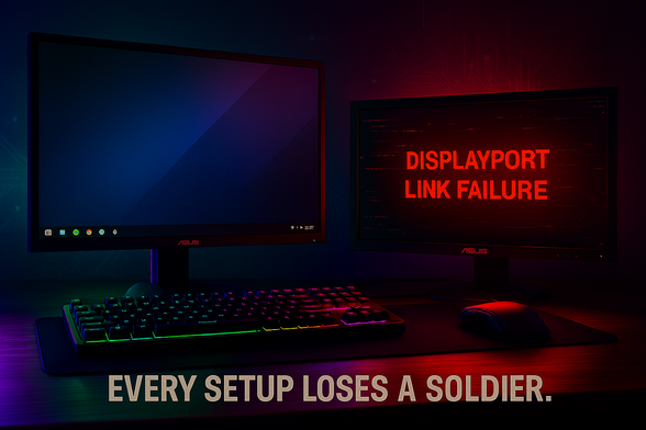 (AI Generated Image, Not a real image of my setup)

A wide dual‑monitor desk setup glows with neon RGB lighting. On the left, an Asus VG278 shows a KDE Plasma desktop with a neon wallpaper, casting blue and purple light across the desk. On the right, the Asus VG248QE tilts forward, its screen dominated by large glitchy red text reading “DISPLAYPORT LINK FAILURE,” surrounded by a pulsing red aura with static bands and pixel noise. The contrast between the bright, working primary monitor and the failing secondary makes the dead screen unmistakable. Below, an RGB mechanical keyboard cycles colors, and a glowing mouse rests on the desk. The dark background features faint circuit board patterns and scrolling green terminal code, enhancing the cyberpunk mood. At the bottom, bold white text reads: “EVERY SETUP LOSES A SOLDIER.”