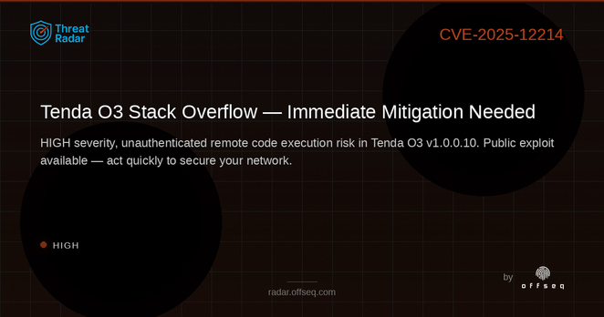 High threat: CVE-2025-12214: Stack-based Buffer Overflow in Tenda O3