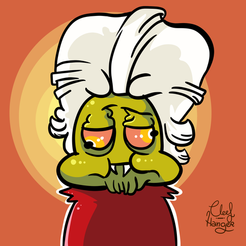 A walleyed vampire with the hair of Drácula as in the movie of Gary Oldman with the red clothes and green skin with cheeky cheeks.

Un vampiro bizco con el pelo del Drácula de la película de Gary Oldman con ropa roja, piel verde, barbilla arrugada y mofletitos achuchables.