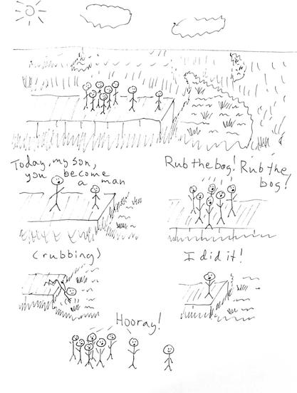 A simple, hand-drawn comic strip in four rows. The first row shows a sunny scene in a bog or marsh with a wooden platform and stick figures standing on it, surrounded by tall grasses and water.

The second row has two panels:

Left panel: One stick figure, an adult, stands on the platform addressing a smaller stick figure, a child. Text reads: "Today, my son, you become a man."

Right panel: The crowd of stick figures on the platform cheers. Text reads: "Rub the bog! Rub the bog!"

The third row has two panels:

Left panel: The child stick figure is face-down in the water and mud near the platform, with only their legs and torso visible. Text reads: "(rubbing)"

Right panel: The child stick figure is back on the platform, standing upright and cheering. Text reads: "I did it!"

The fourth row shows a crowd of stick figures cheering, with the text "Hooray!" above them, celebrating the child's achievement of rubbing the bog.