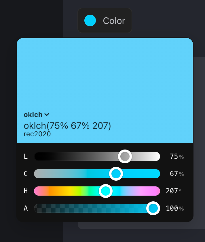 a color picker that allows easily changing color spaces, copying the value and seeing the gamut. uses all the most modern CSS syntaxes.