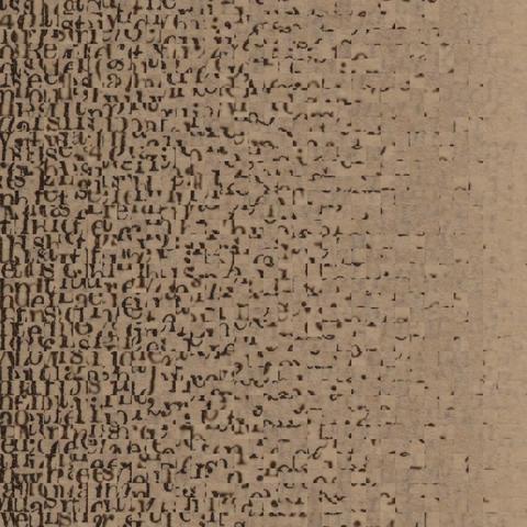 A square image of text of an old, english-language bible, cut up into squares and then sorts by "darkness", with the darker squares to the left.